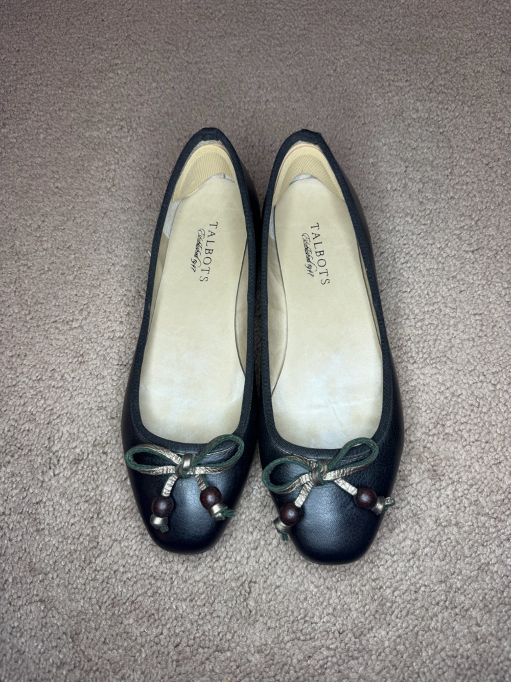 Talbots Black Leather Ballet Flats with Green Bow and Wooden Bead Accents